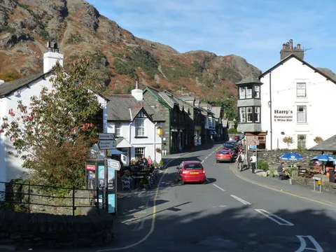 Coniston's main street, looking towards the fells