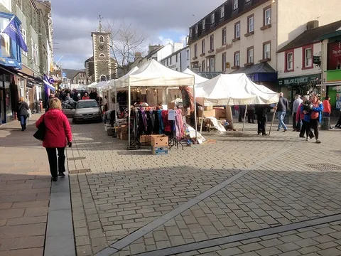 Market stalls in front of the Moot Hall, Keswick