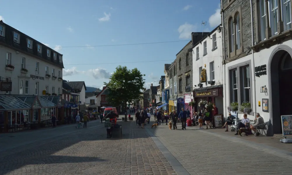 Market Square, Keswick, with the Moot Hall and the Golden Lion pub