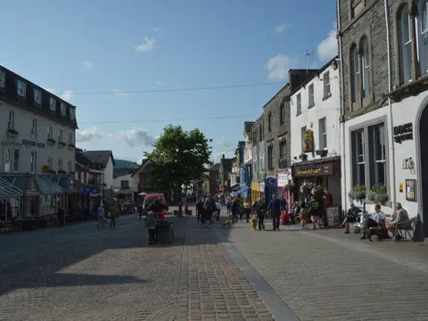 Market Square, Keswick, with the Moot Hall and the Golden Lion pub