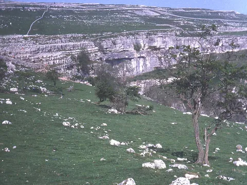 Malham Cove, the curved limestone cliff above the village