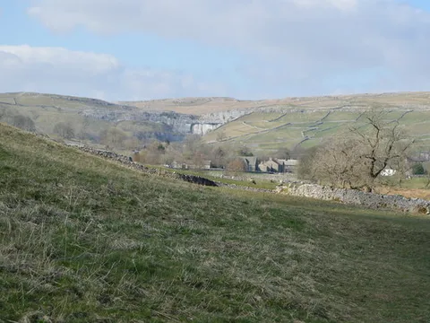 Malham village and Malham Cove seen from above
