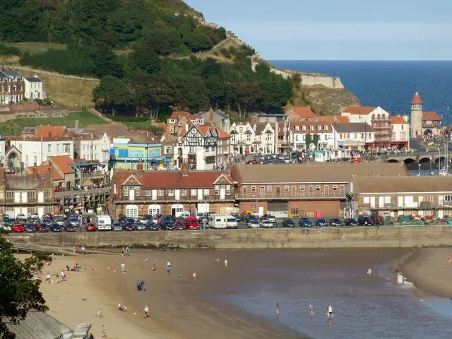 Panorama of South Bay and the harbour, Scarborough, with the castle headland behind