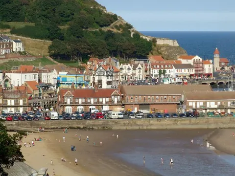 Panorama of South Bay and the harbour, Scarborough, with the castle headland behind