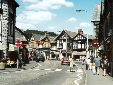 Windermere town centre, with its distinctive black-and-white shopfronts