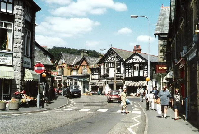 Windermere town centre, with its distinctive black-and-white shopfronts